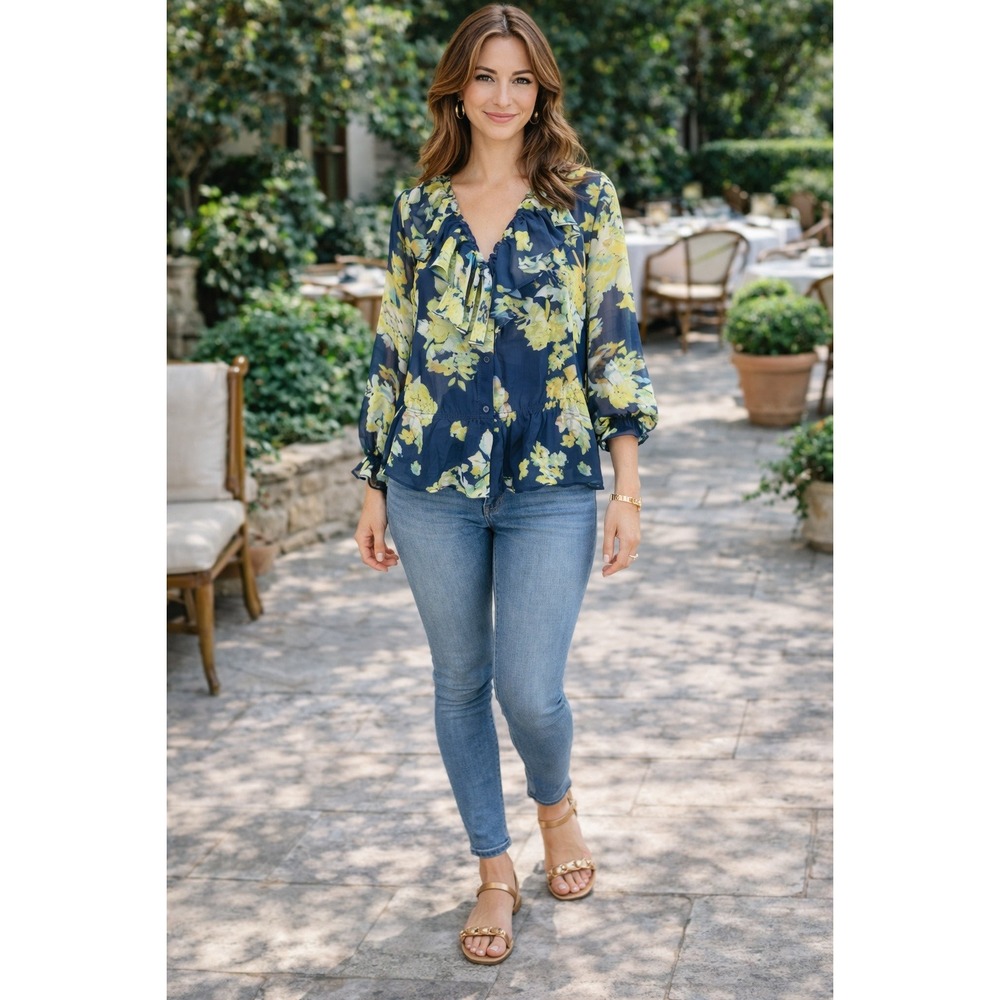NWT Marée Pour Toi Floral‎ Ruffle Sheer Blouse Tie Neck Navy Yellow Size 22